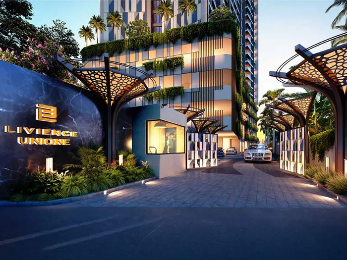 Illuminated entrance plaza with the super tree feature wall at Livience Unione