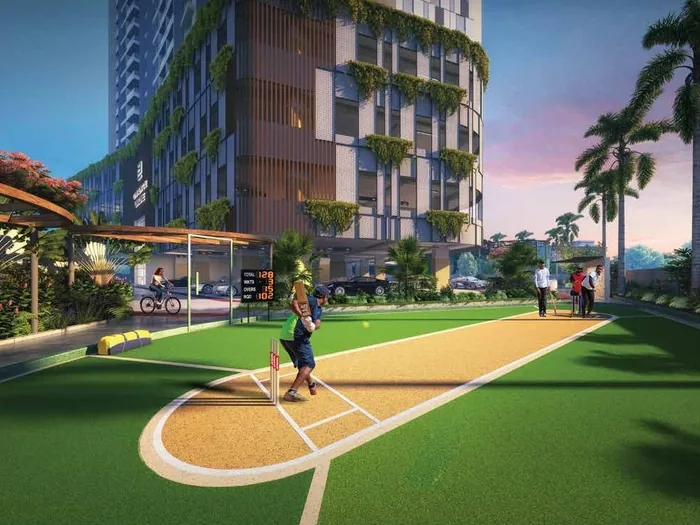 Ground-level cricket pitch with pergola sit-outs