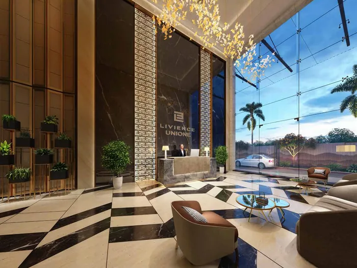 Double-height entrance lobby with reception lounge