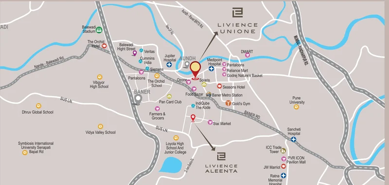 Livience Unione location map showing connectivity across Aundh, Baner and Balewadi